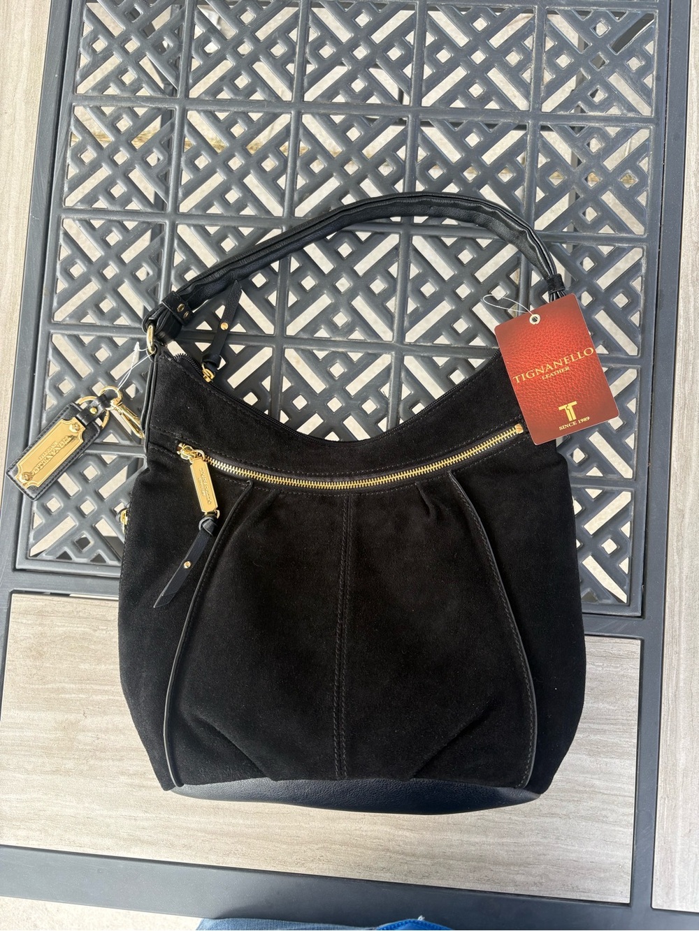 Tignanello Black Suede Shoulder Hobo with Gold Hardware